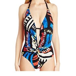 LA BLANCA Mio African Beat One Piece Halter Plunge Swimsuit Sz. 12 - EUC!